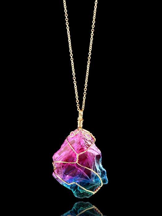 Natural Rough Crystal Pendant Transparent Multi-Color Chain Necklace