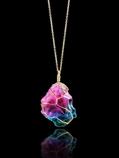 Natural Rough Crystal Pendant Transparent Multi-Color Chain Necklace