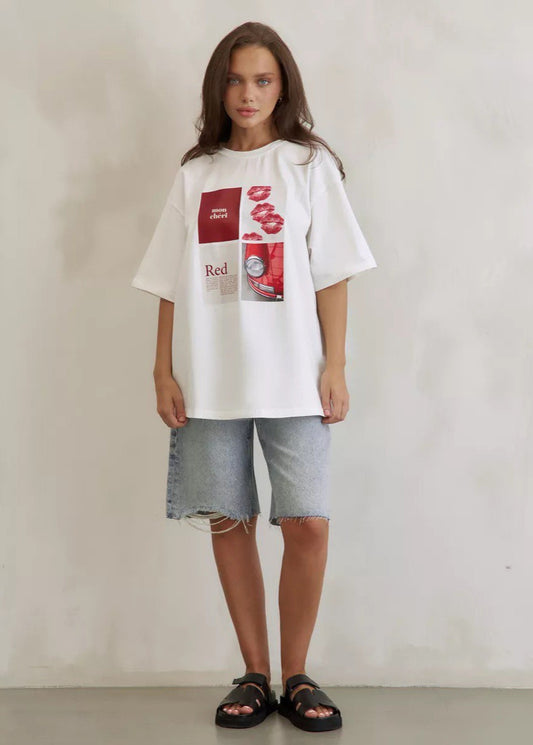 Oversized Cotton T Shirt with Lip Print