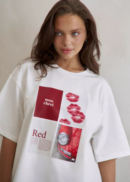 Oversized Cotton T Shirt with Lip Print