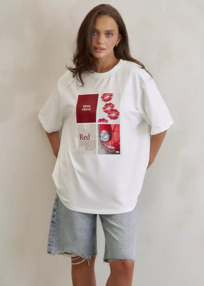 Oversized Cotton T Shirt with Lip Print