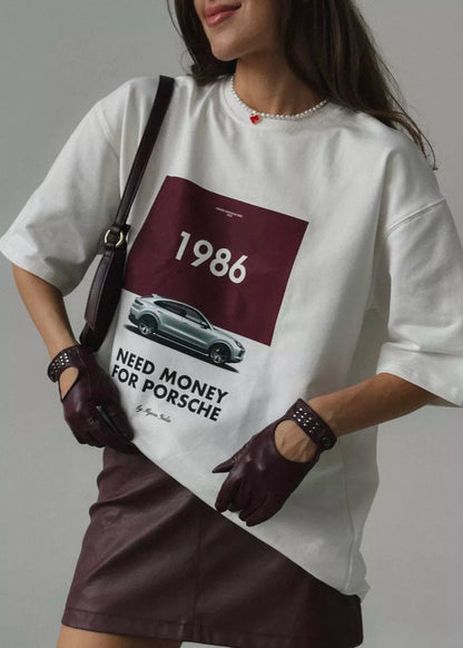 Oversized White Cotton Graphic Tee With Retro Car Print
