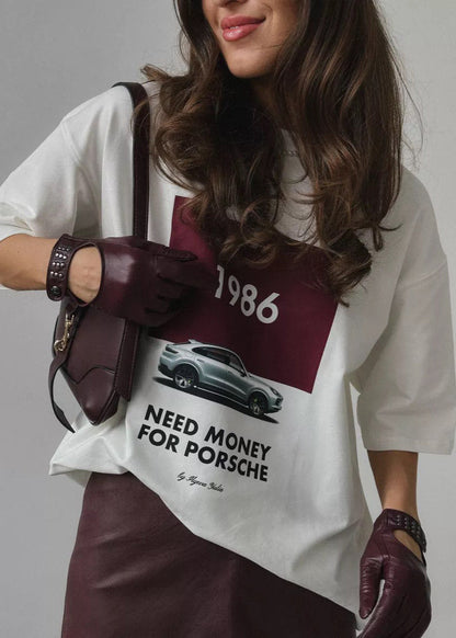 Oversized White Cotton Graphic Tee With Retro Car Print