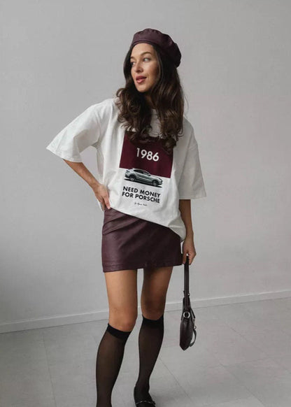 Oversized White Cotton Graphic Tee With Retro Car Print