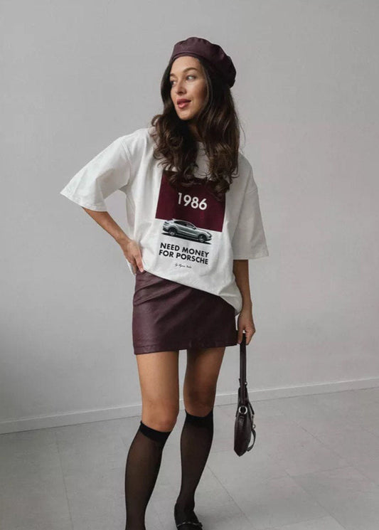 Oversized White Cotton Graphic Tee With Retro Car Print