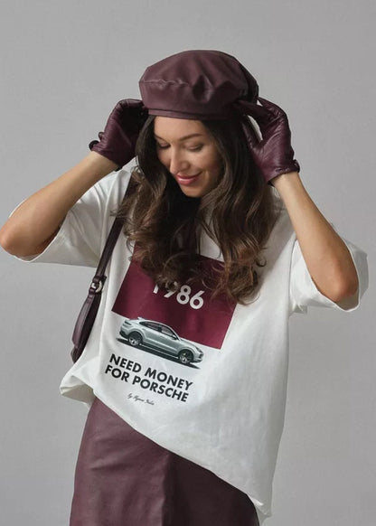 Oversized White Cotton Graphic Tee With Retro Car Print