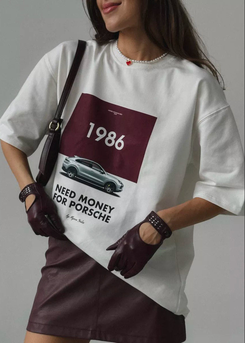 Oversized White Cotton Graphic Tee With Retro Car Print