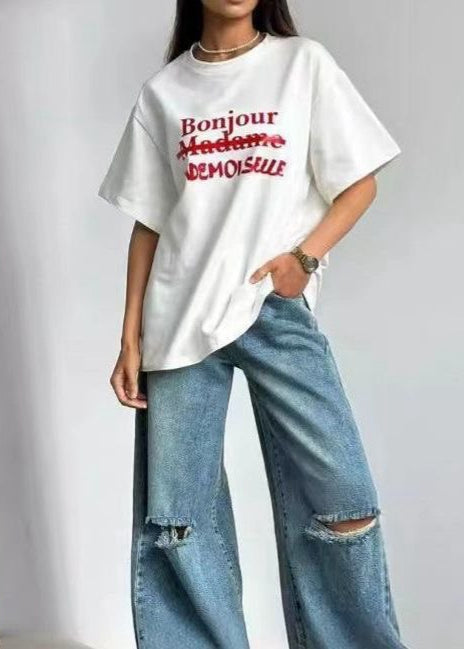 Oversized Cotton Blend White Graphic T Shirt