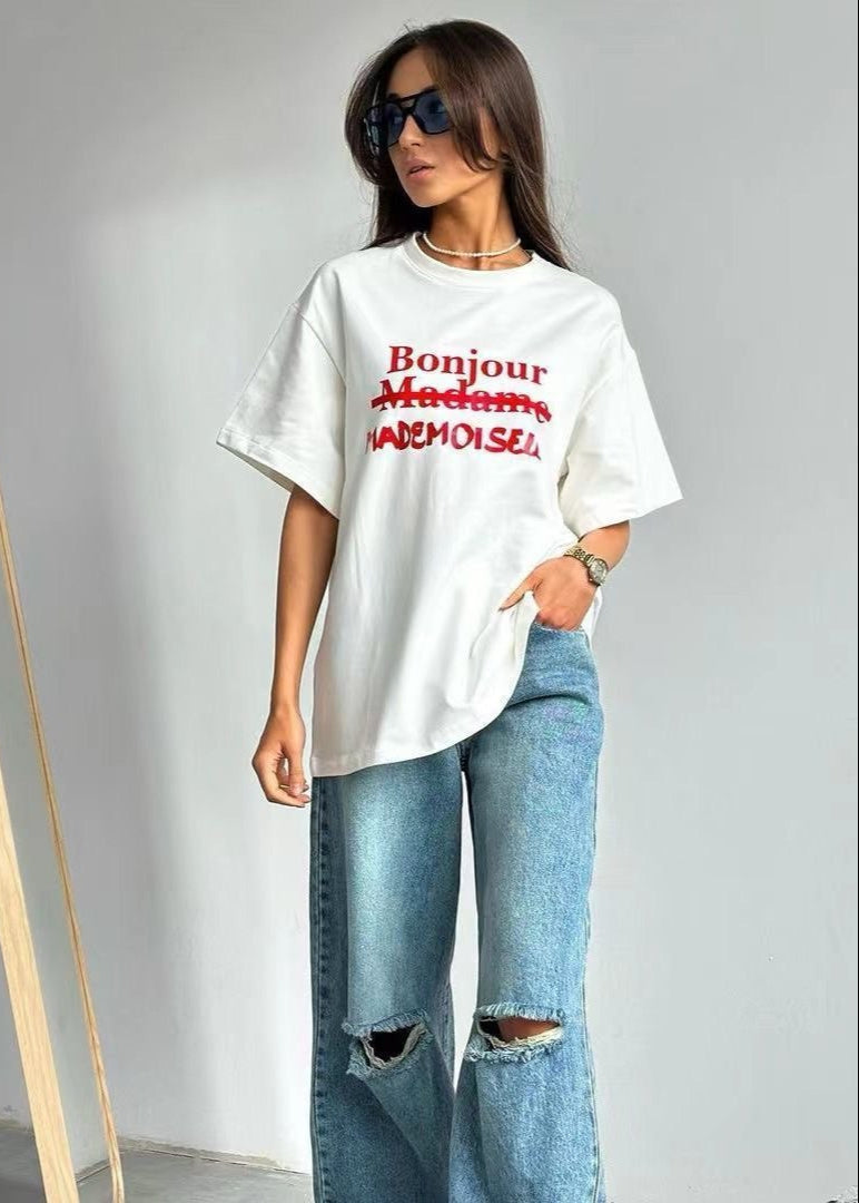 Oversized Cotton Blend White Graphic T Shirt