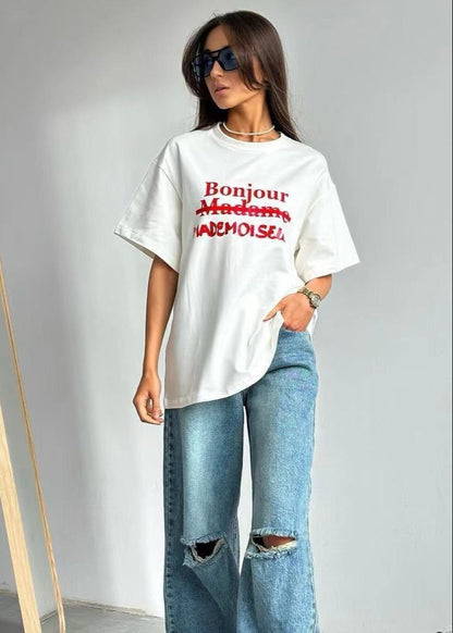 Oversized Cotton Blend White Graphic T Shirt