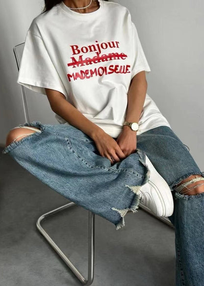 Oversized Cotton Blend White Graphic T Shirt
