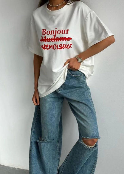Oversized Cotton Blend White Graphic T Shirt