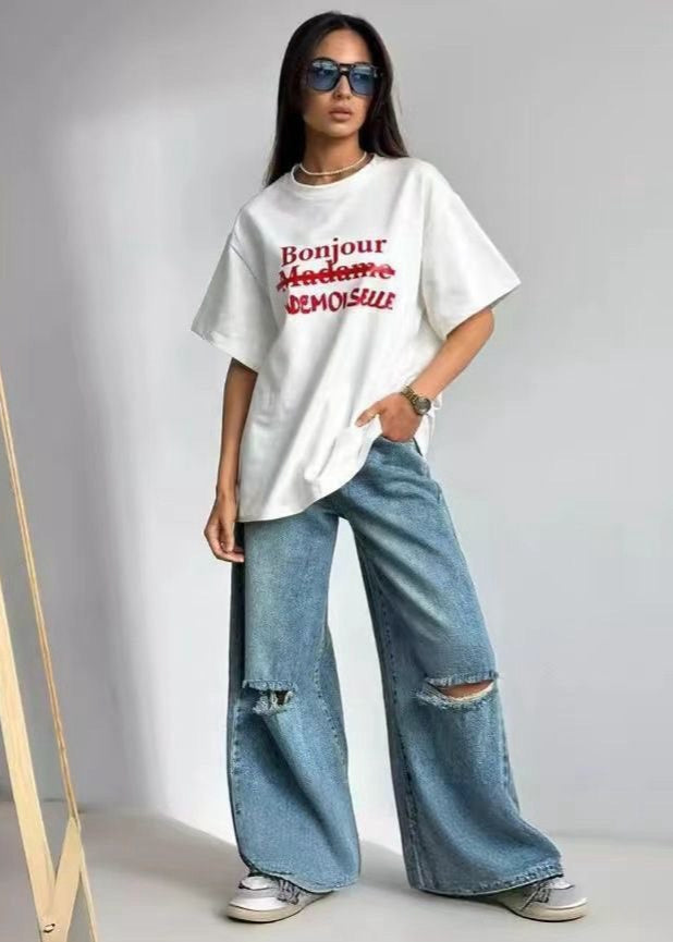 Oversized Cotton Blend White Graphic T Shirt