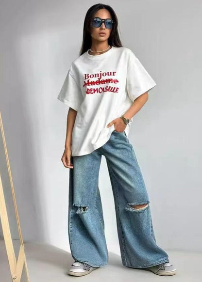Oversized Cotton Blend White Graphic T Shirt