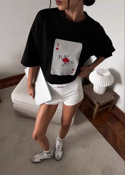 Oversized Cotton Blend Tee With Ace Card Print