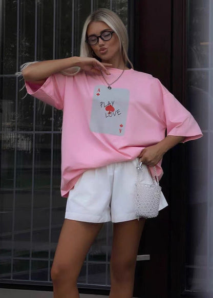 Oversized Cotton Blend Tee With Ace Card Print