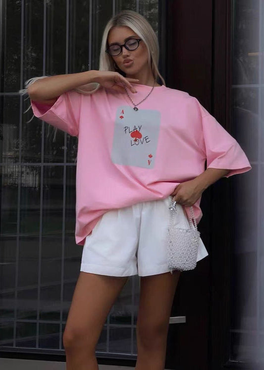 Oversized Cotton Blend Tee With Ace Card Print
