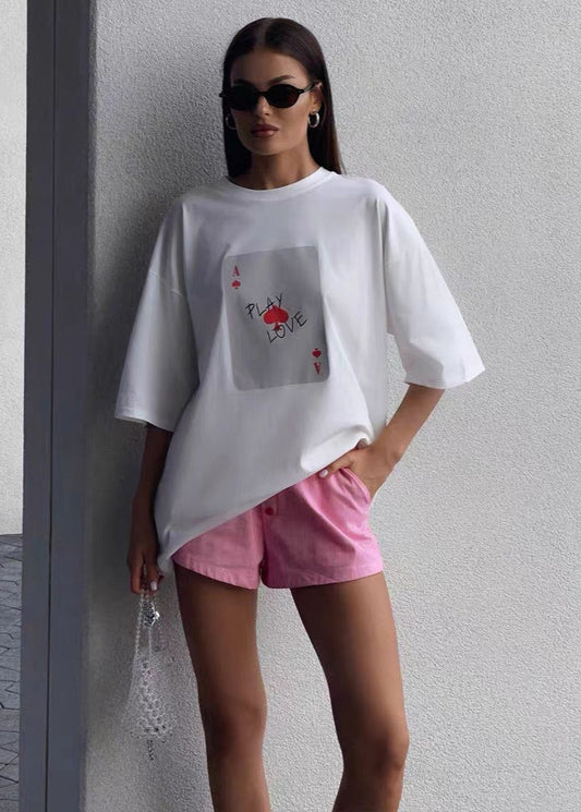 Oversized Cotton Blend Tee With Ace Card Print