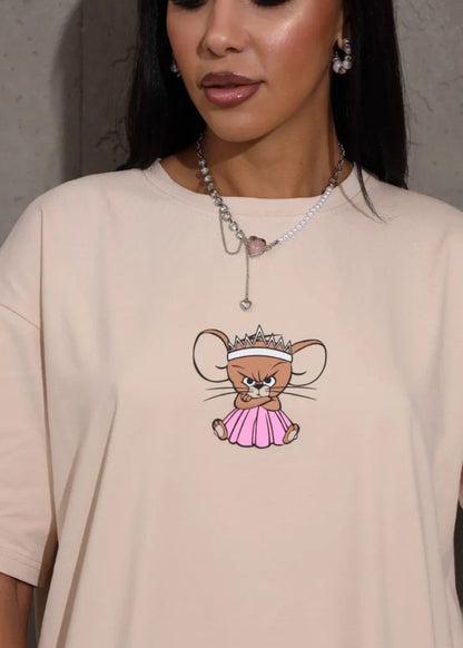 Oversized Cotton Tee With Cartoon Mouse Print