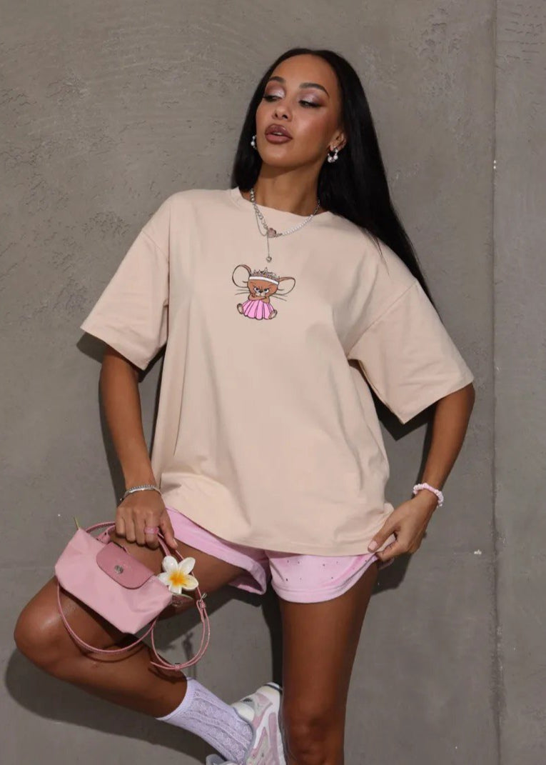 Oversized Cotton Tee With Cartoon Mouse Print