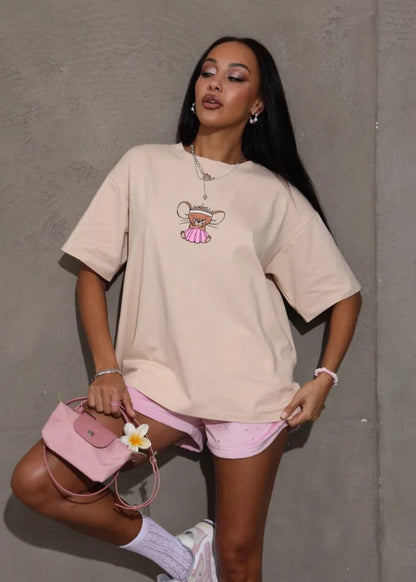 Oversized Cotton Tee With Cartoon Mouse Print