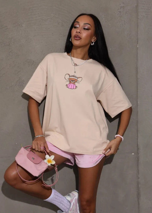 Oversized Cotton Tee With Cartoon Mouse Print