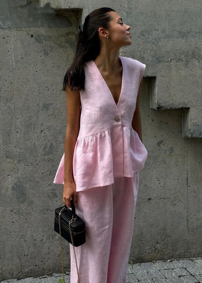 Flowy Sleeveless Linen Top And Wide Leg Pants Set