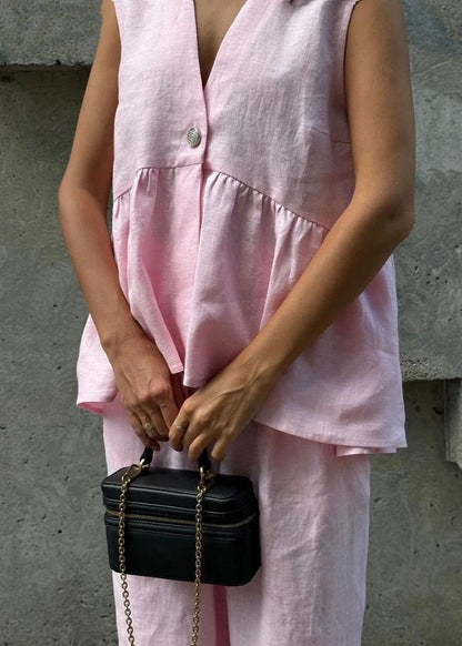 Flowy Sleeveless Linen Top And Wide Leg Pants Set