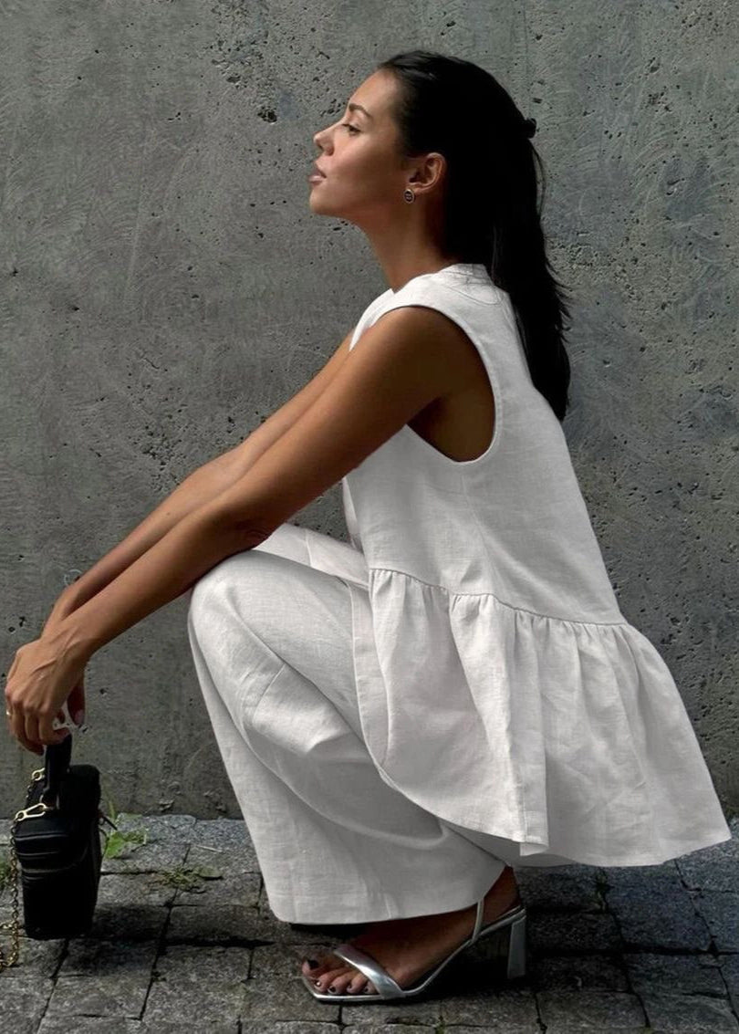 Flowy Sleeveless Linen Top And Wide Leg Pants Set