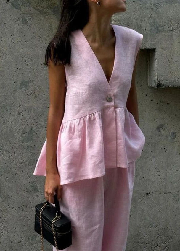 Flowy Sleeveless Linen Top And Wide Leg Pants Set