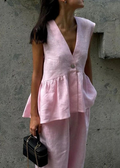 Flowy Sleeveless Linen Top And Wide Leg Pants Set