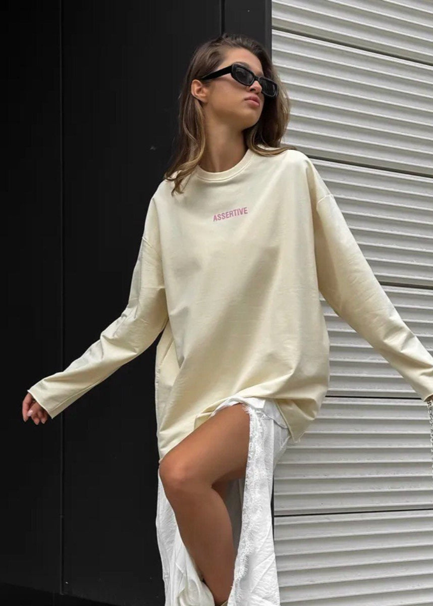 Cream Oversized Cotton Long Sleeve Tee