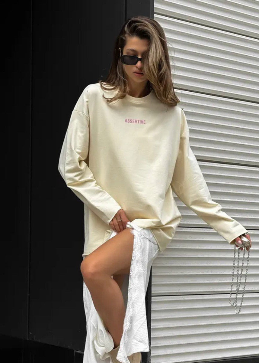 Cream Oversized Cotton Long Sleeve Tee
