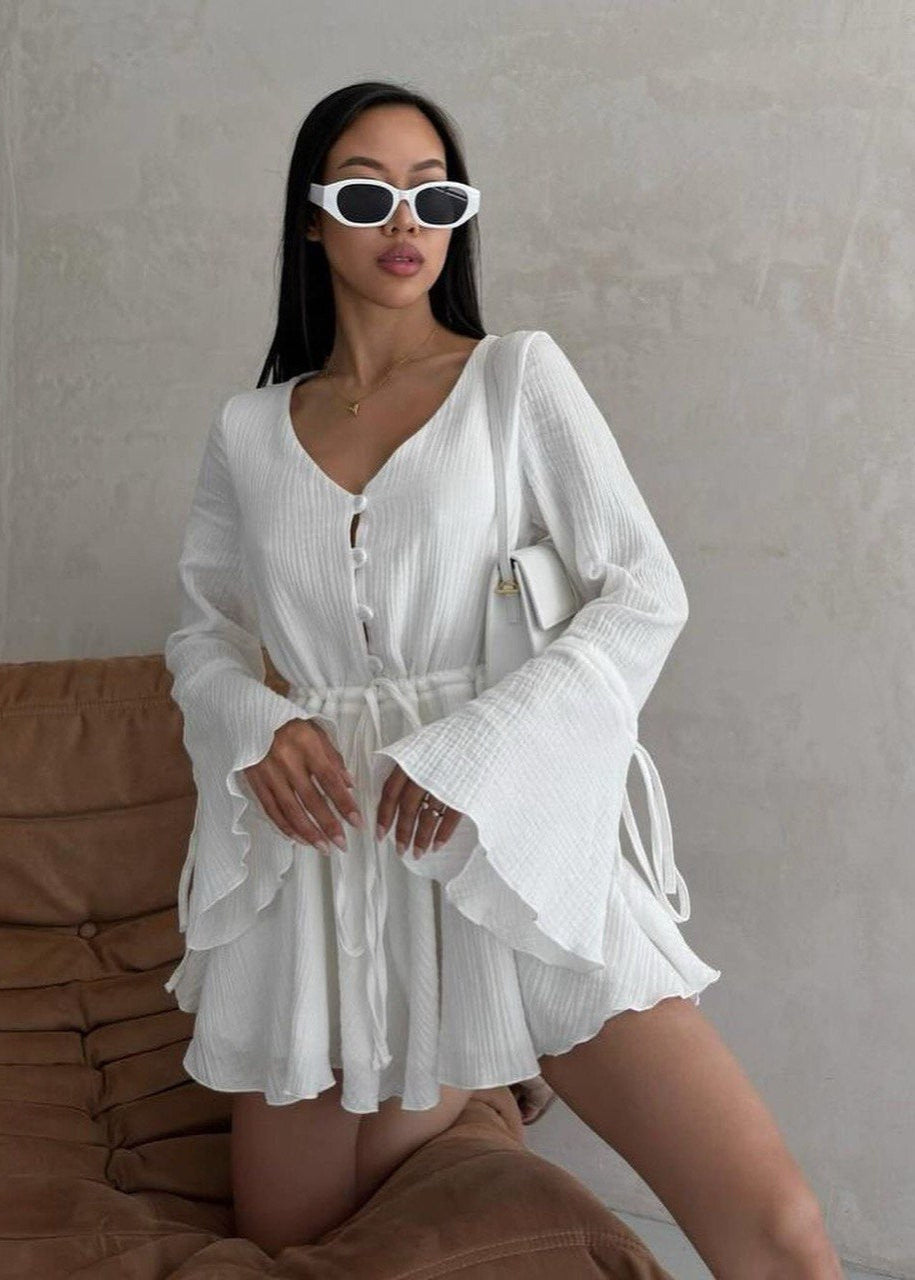 Ruffle Sleeve Mini Romper Lightweight Cotton