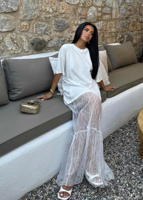 Sheer Lace Contrast Maxi Dress In White