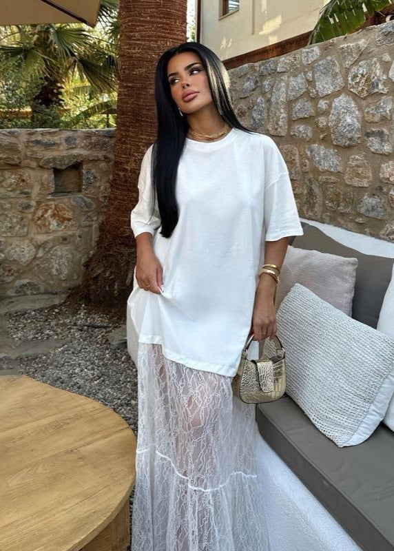 Sheer Lace Contrast Maxi Dress In White
