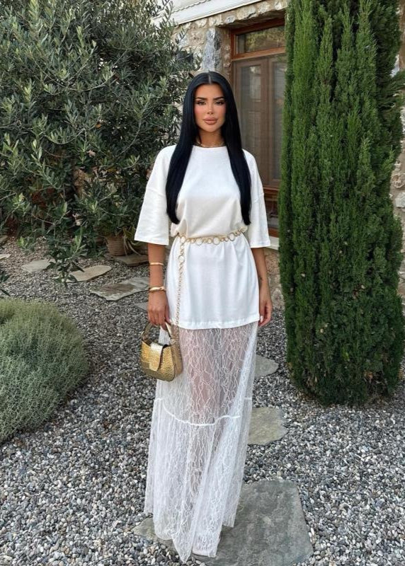 Sheer Lace Contrast Maxi Dress In White