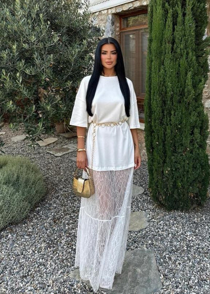 Sheer Lace Contrast Maxi Dress In White