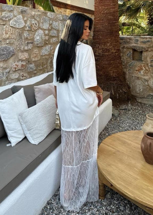 Sheer Lace Contrast Maxi Dress In White