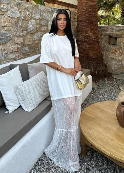 Sheer Lace Contrast Maxi Dress In White