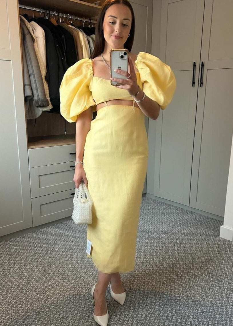 Linen Midi Dress With Puff Sleeves And Cut Out Detail