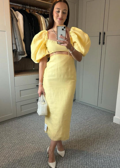 Linen Midi Dress With Puff Sleeves And Cut Out Detail