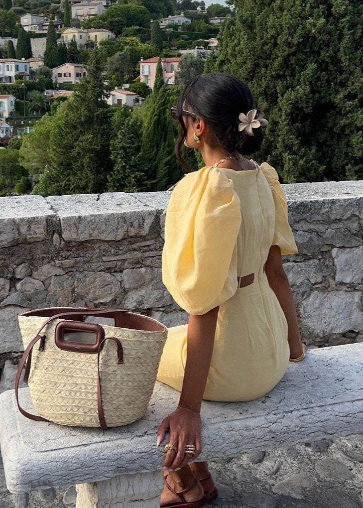 Linen Midi Dress With Puff Sleeves And Cut Out Detail