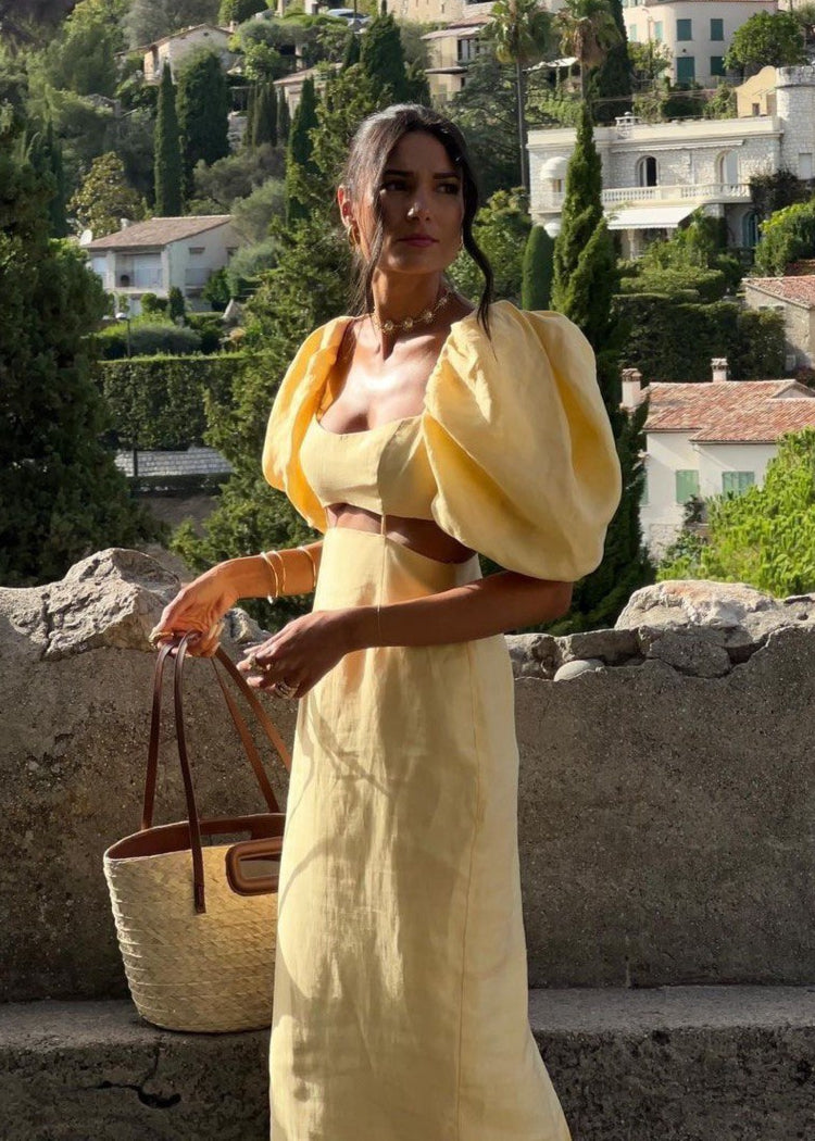Linen Midi Dress With Puff Sleeves And Cut Out Detail