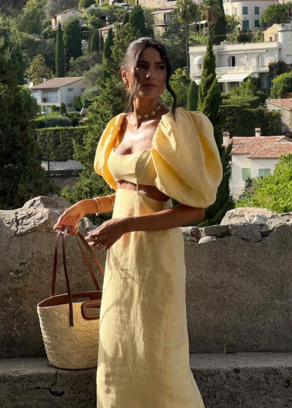 Linen Midi Dress With Puff Sleeves And Cut Out Detail