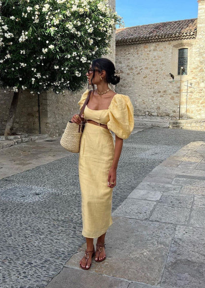 Linen Midi Dress With Puff Sleeves And Cut Out Detail