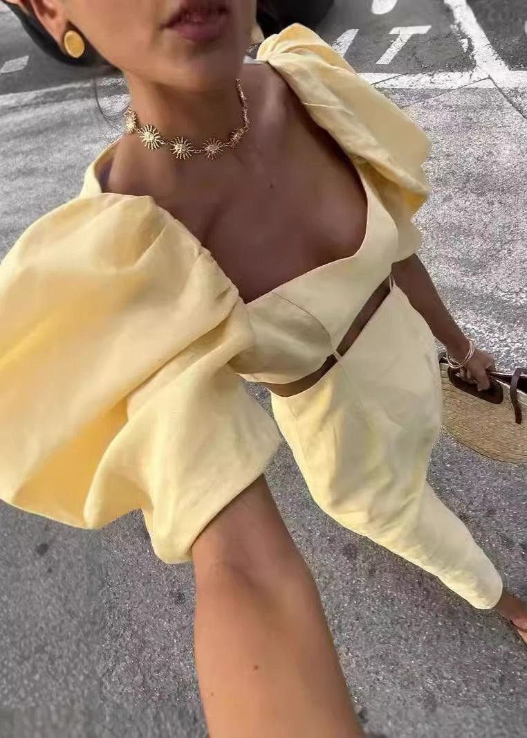 Linen Midi Dress With Puff Sleeves And Cut Out Detail