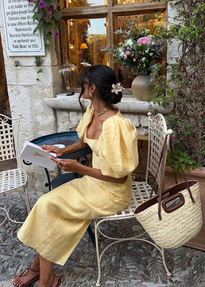 Linen Midi Dress With Puff Sleeves And Cut Out Detail