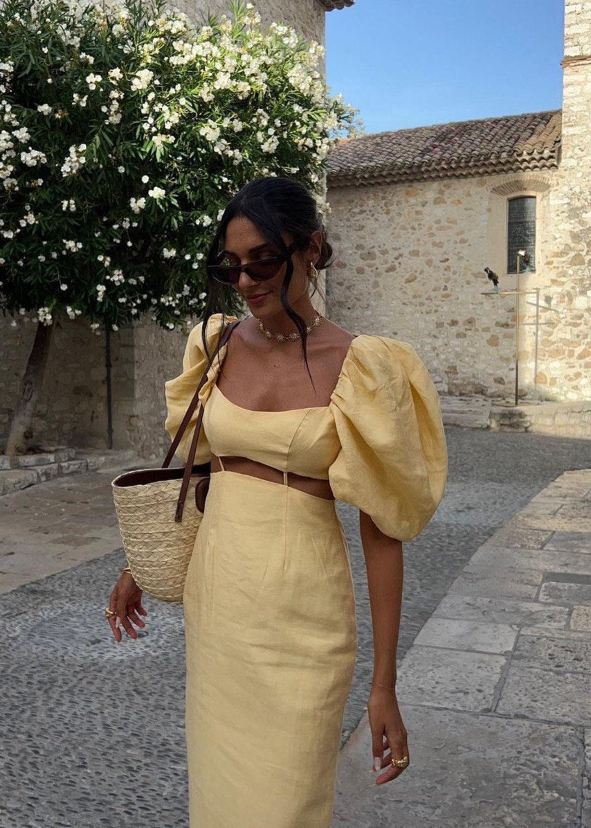 Linen Midi Dress With Puff Sleeves And Cut Out Detail