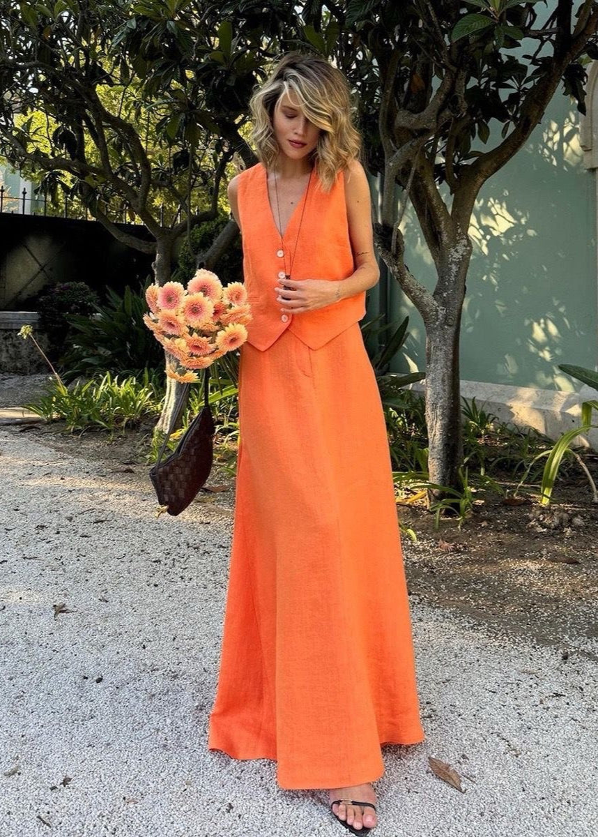 Sleeveless Linen Vest And Maxi Skirt Set In Orange